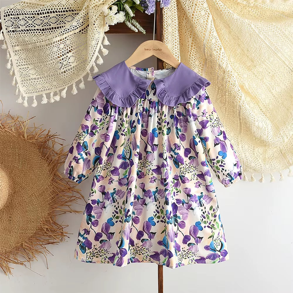 Blossom Belle – Long Sleeve Floral Princess Dress with Doll Collar for Girls